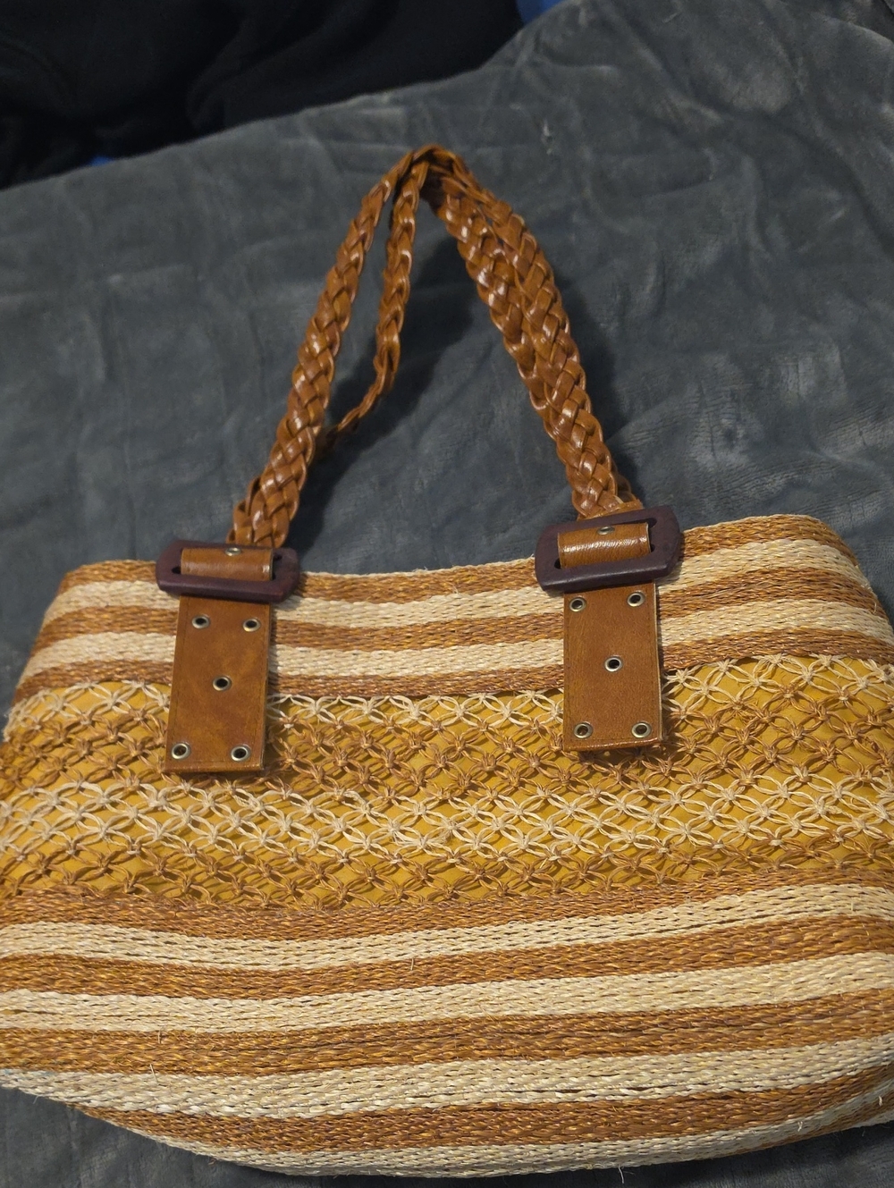 Woven Straw Tote Bag in Tan and Cream